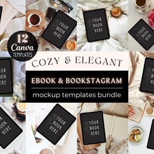 Può includere: Un set di 12 modelli di mockup Canva per ebook e bookstagram con un'estetica accogliente ed elegante. I modelli presentano varie scene con libri, tablet e altri oggetti di scena, come tazze da caffè, fiori e coperte. Il testo "YOUR BOOK HERE" è visualizzato su ogni modello.