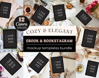 Puede incluir: Un conjunto de 12 plantillas de maqueta Canva para ebook y bookstagram con una estética acogedora y elegante. Las plantillas presentan varias escenas con libros, tabletas y otros accesorios, como tazas de café, flores y mantas. El texto "YOUR BOOK HERE" se muestra en cada plantilla.