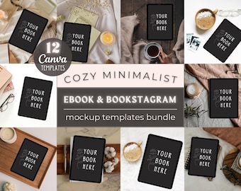 Puede incluir: Doce plantillas de Canva para maquetas de libros electrónicos y bookstagram. Las plantillas presentan una estética minimalista y acogedora con diversos fondos, incluyendo una bandeja de madera, una manta blanca y una superficie marrón. Cada plantilla incluye una tableta negra con el texto "Your Book Here" mostrado en la pantalla.
