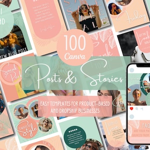Peach + Sage Palms Luxury Business Brand Kit | 100 Posts + Stories | Tropical BoHo Branding | Green Orange Pink CANVA Social Media Templates