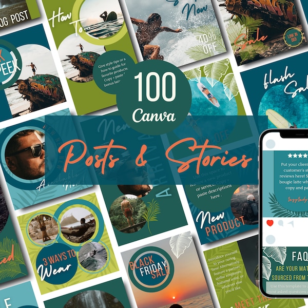 100 Blue Green Tropical Business Instagram Canva Template Pack | 50 Posts | 50 Stories | E-Commerce | Masculine | Luxury Men's Brand