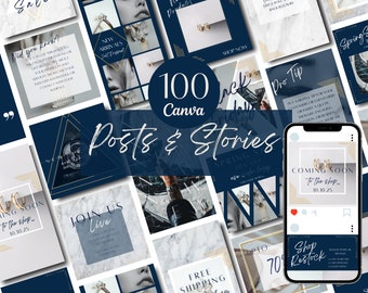 100 Navy Blue White Gold Luxury Business Instagram Canva Template Pack | 50 Posts | 50 Stories | Beauty | Fashion | E-Commerce Brand