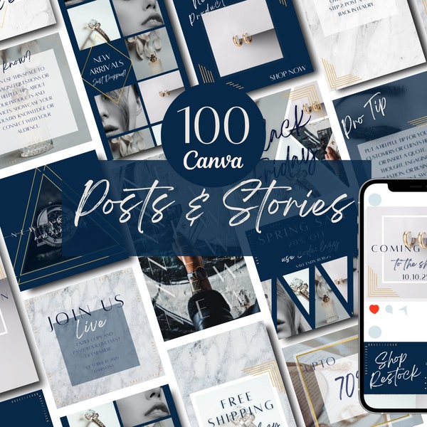 100 Navy Blue White Gold Luxury Business Instagram Canva Template Pack | 50 Posts | 50 Stories | Beauty | Fashion | E-Commerce Brand