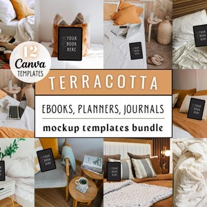 May include: A set of 12 Canva templates for ebooks, planners, and journals. The templates feature a terracotta color scheme and a variety of mockups with different backgrounds and props. The text "YOUR BOOK HERE" is displayed on several of the mockups.