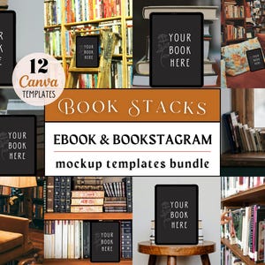 May include: A set of 12 Canva templates for creating book stack mockups. The templates feature a variety of book stacks, including a stack of books on a wooden shelf, a stack of books on a table, and a stack of books on a bed. The templates are perfect for showcasing your book covers, promoting your books, or creating eye-catching social media posts.