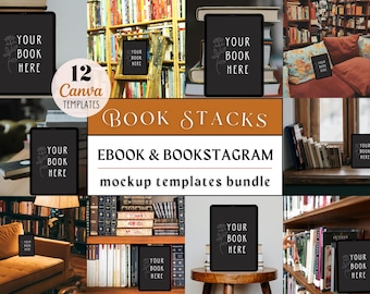 Puede incluir: Un conjunto de 12 plantillas de Canva para crear maquetas de pilas de libros. Las plantillas presentan una variedad de pilas de libros, incluyendo una pila de libros en un estante de madera, una pila de libros en una mesa y una pila de libros en una cama. Las plantillas son perfectas para mostrar las portadas de tus libros, promocionar tus libros o crear publicaciones atractivas en las redes sociales.