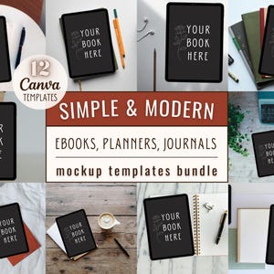 May include: Twelve Canva mockup templates for ebooks, planners, and journals. The templates feature a simple and modern design with a black background and a white floral illustration. The text "Your Book Here" is displayed on each template.