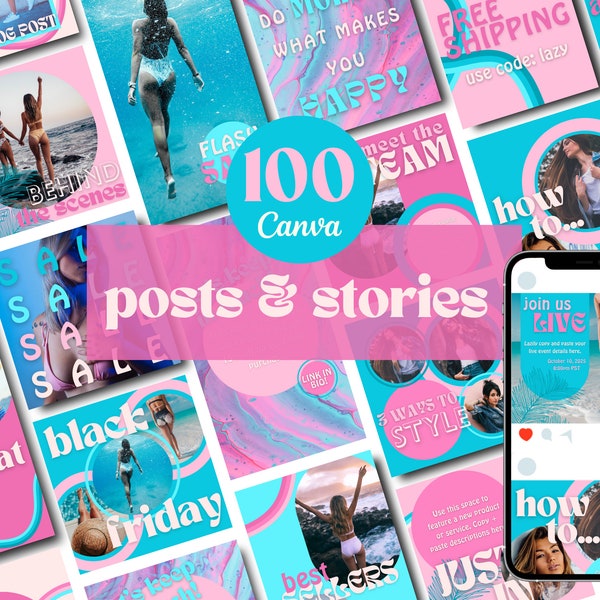 100 Pink Blue Cotton Candy Business Instagram Canva Template Pack | 50 Posts | 50 Stories | Luxury Social Media Templates | E-Commerce Brand