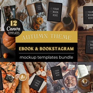 May include: Twelve Canva ebook and bookstagram mockup templates featuring autumn themes. The mockups show various scenes with books, coffee, pumpkins, and fall foliage.