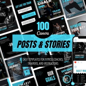 Puede incluir: Un collage de 100 plantillas de publicaciones e historias de redes sociales de Canva para entrenadores de fitness, entrenadores e instructores. Las plantillas presentan un esquema de color negro y azul con texto motivador e imágenes de personas haciendo ejercicio.