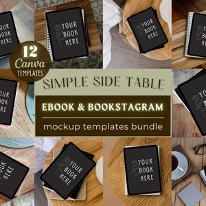 May include: Twelve Canva mockup templates for ebooks and bookstagram featuring a tablet on a side table with various backgrounds. The tablet displays the text "Your Book Here".
