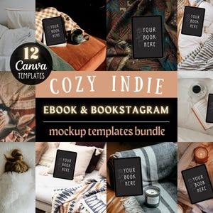 May include: A collection of 12 cozy and indie ebook and bookstagram mockup templates. The templates feature various scenes with blankets, pillows, and books, perfect for showcasing your book covers.