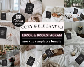 Puede incluir: Un conjunto de 12 plantillas de Canva para crear maquetas de libros electrónicos y bookstagram acogedoras y elegantes. Las plantillas presentan varias escenas con libros, café y otros elementos acogedores.