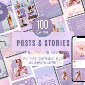 May include: A set of 100 Canva templates for product-based and dropship businesses. The templates use a soft pink and purple colour scheme, with text overlays such as "Mini Brand Kit," "Best Sellers," and "New Arrival." The design includes mockups of social media posts and stories.