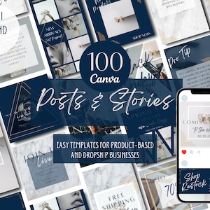 Navy Blue White Gold Luxury Business Brand Kit | 100 Posts + Stories | Beauty Fashion Jewelry E-Commerce | CANVA Social Media Template Pack