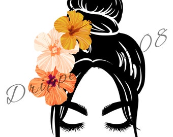 Messy Bun PNG + Hawaiian Girl + Flowers Digital Download + Waterslide decal design + Hawaiian Sublimation