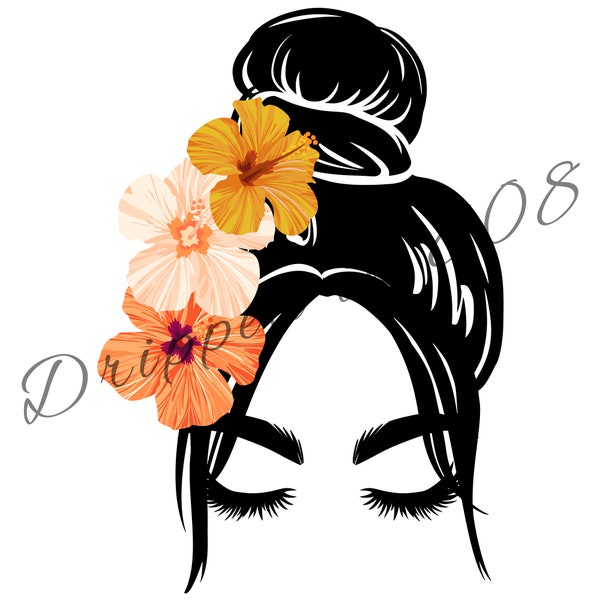 Messy Bun PNG + Hawaiian Girl + Flowers Digital Download + Waterslide decal design + Hawaiian Sublimation