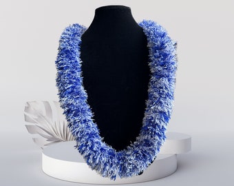 Hawaiian Graduation, Wedding, Birthday Eyelash Ribbon Leis- Blue + White