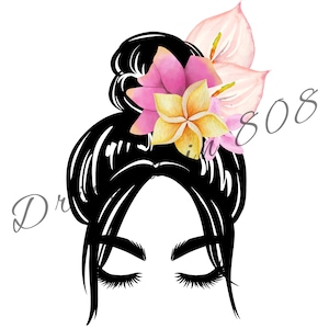 Messy Bun PNG + Hawaiian Girl + Flowers Digital Download + Waterslide decal design + Hawaiian Sublimation