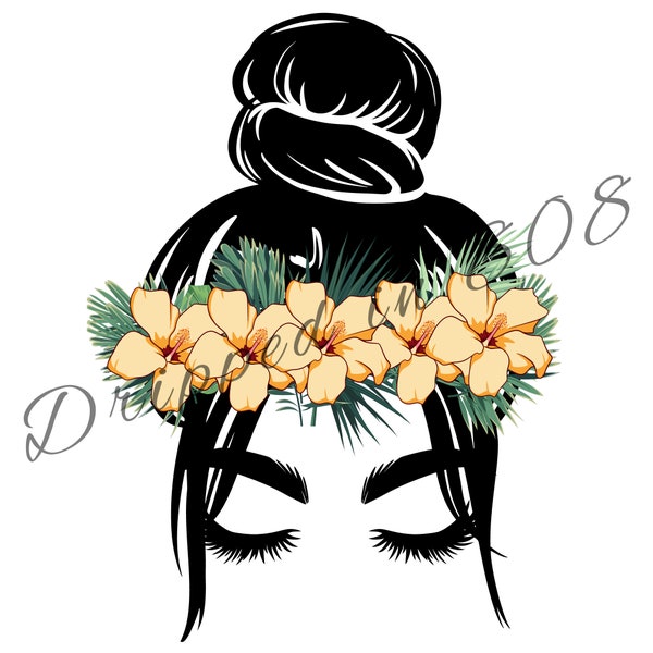 Messy Bun PNG + Hawaiian Girl + Flowers Digital Download + Waterslide decal design + Hawaiian Sublimation