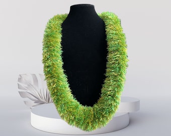 Hawaiian Graduation, Wedding, Birthday Eyelash Ribbon Leis- Green + Yellow