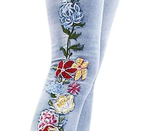 Chic Floral Embroidered High-Rise Bell Bottom Flare Women Jeans Broad Feet Long Denim Pants, Embroidered Jeans