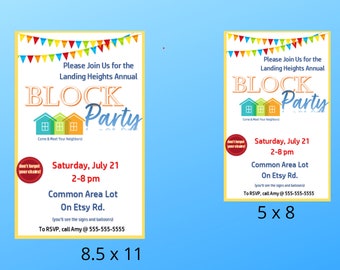May include: Two rectangular flyers for a Landing Heights Annual Block Party on Saturday, July 21, from 2-8 pm at the Common Area Lot on Etsy Rd. The flyers feature colorful bunting, three house icons, and text including 5 x 8 and 8.5 x 11 dimensions.