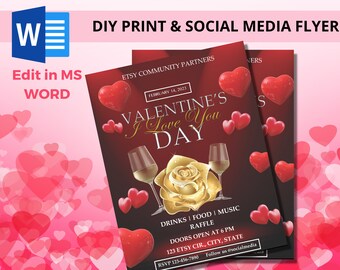 May include: A Valentine's Day event flyer template featuring a dark red background with floating red hearts, two wine glasses, and a central gold rose. Text includes "VALENTINE'S I Love You DAY", "DRINKS | FOOD | MUSIC", "RAFFLE", and "DOORS OPEN AT 6 PM".