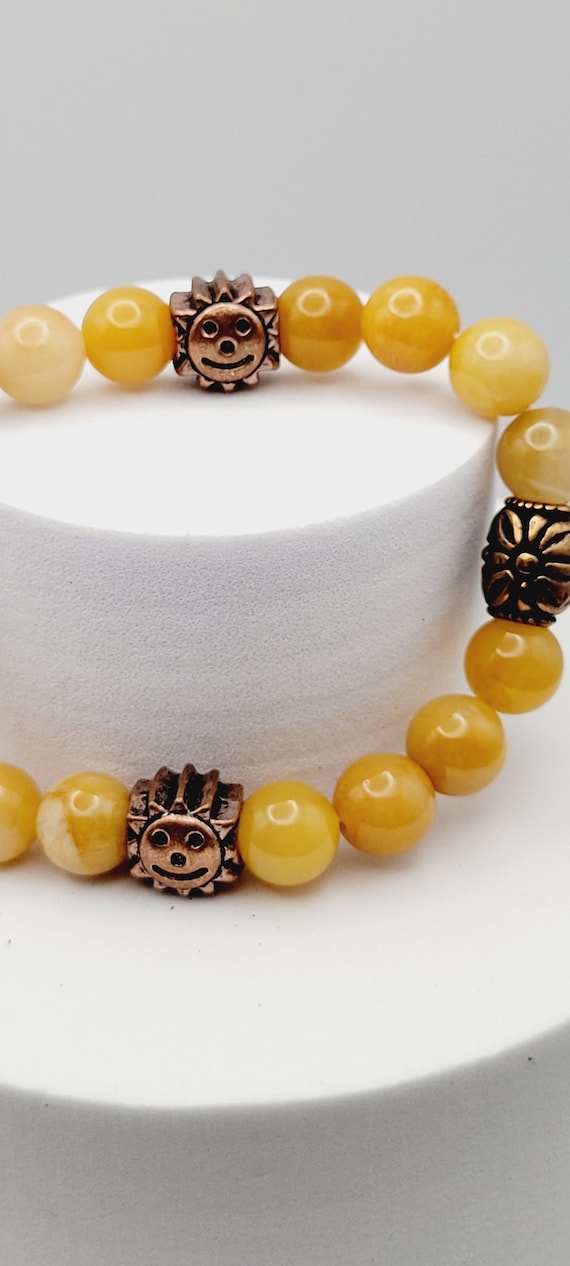 Yellow Jade Bracelet: Copper Sun Beads, 8mm Stretch Bracelet