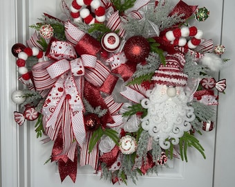 Santa Christmas Wreath, Red White Deco Mesh, Glitter Ribbons