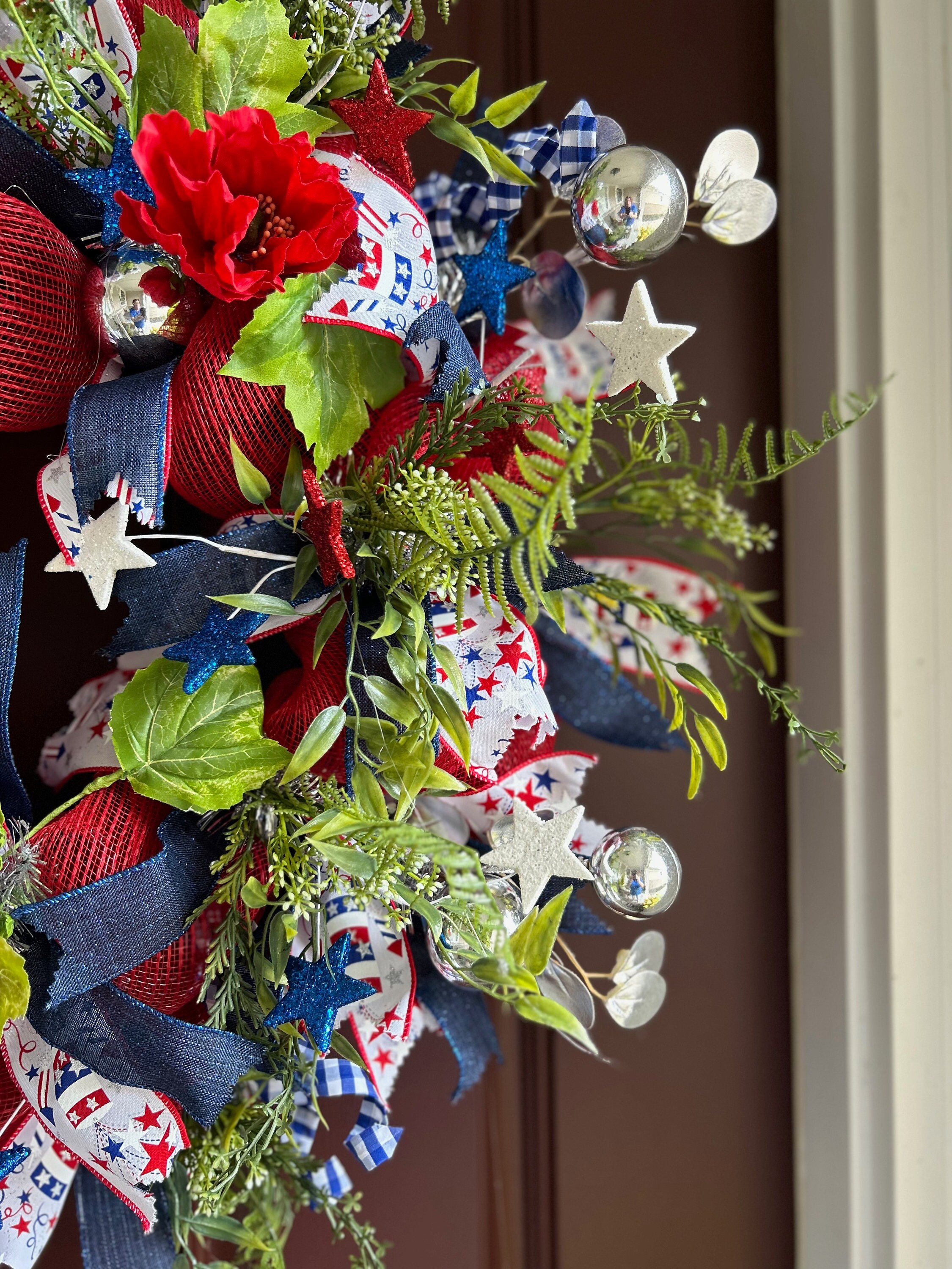 Patriotic Deco Mesh Fourth of July Wreath for Front Door, Red White and ...