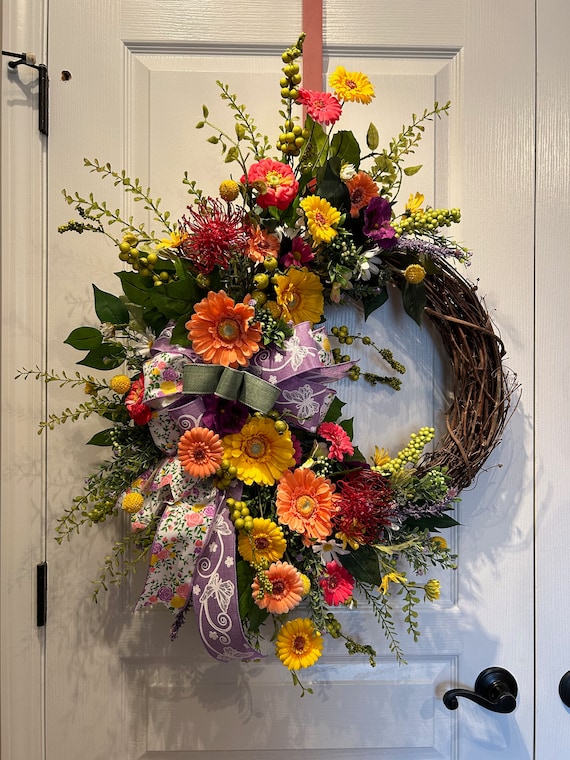 Summer Dahlia Wreath, Yellow Pink Silk Flowers, Grapevine Base