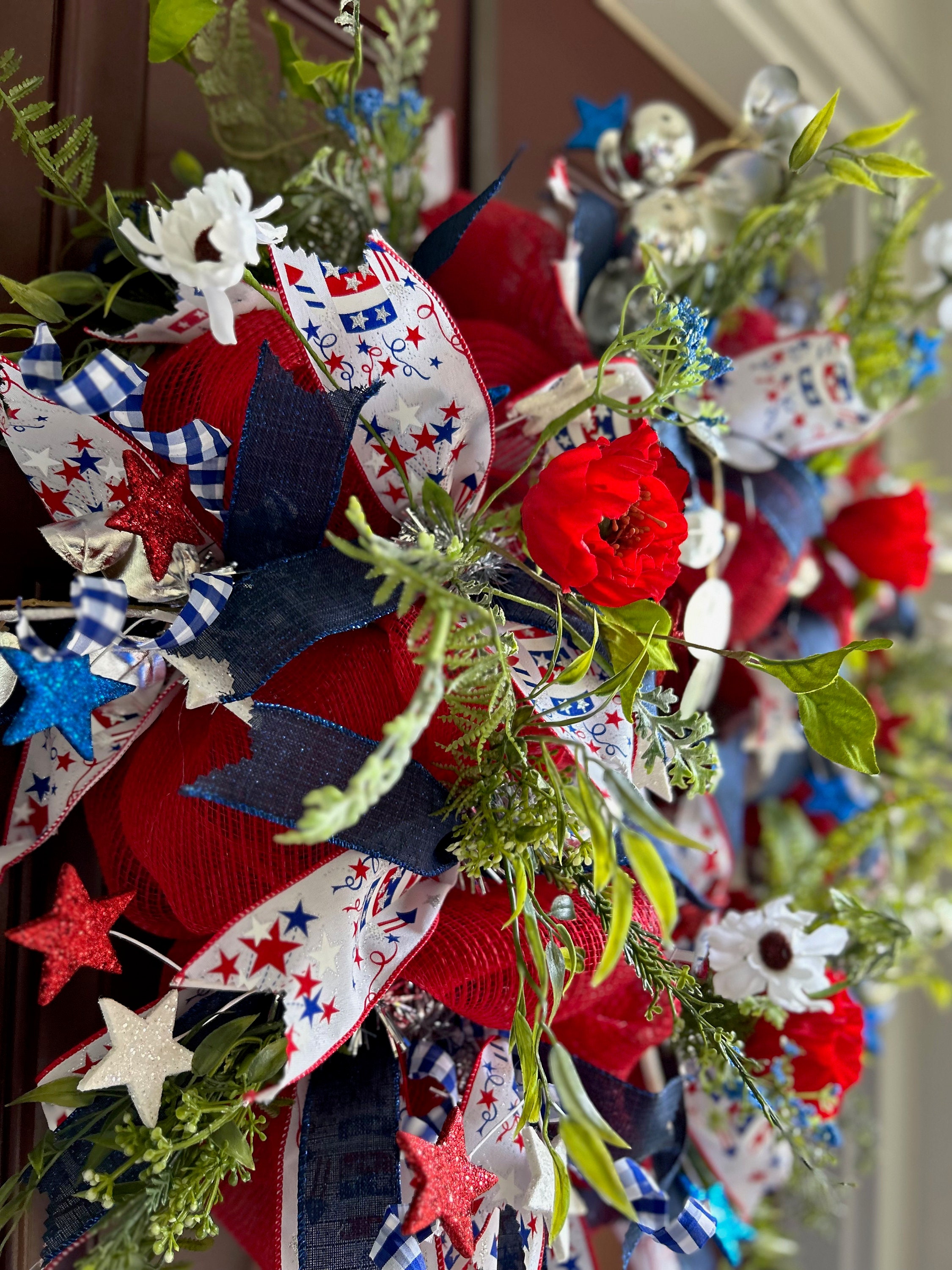 Patriotic Deco Mesh Fourth of July Wreath for Front Door, Red White and ...