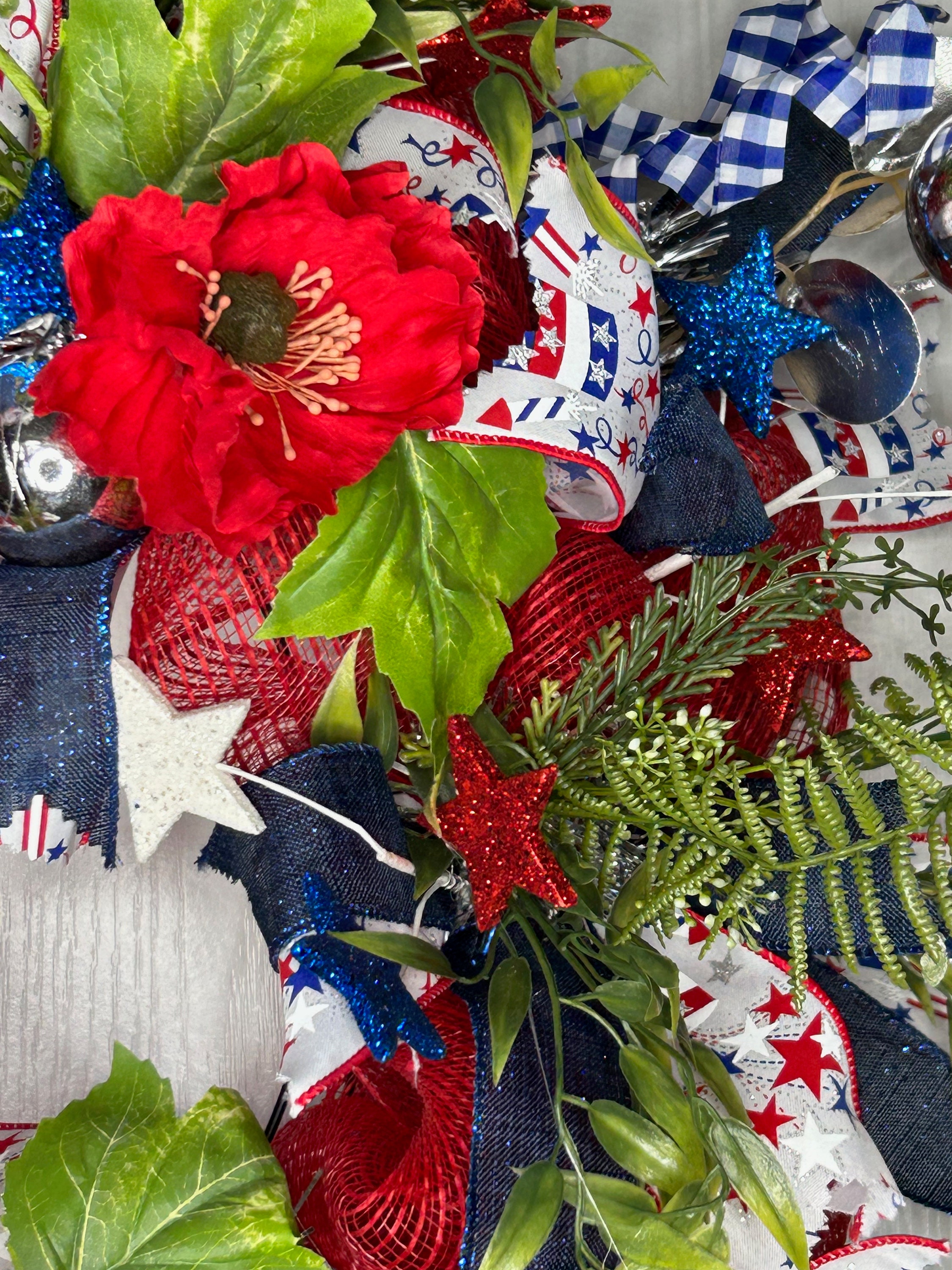 Patriotic Deco Mesh Fourth of July Wreath for Front Door, Red White and ...