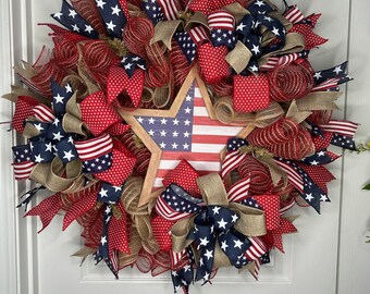 Rustic Patriotic Star Wreath, Red White Blue Mesh, 4th of July Decor
