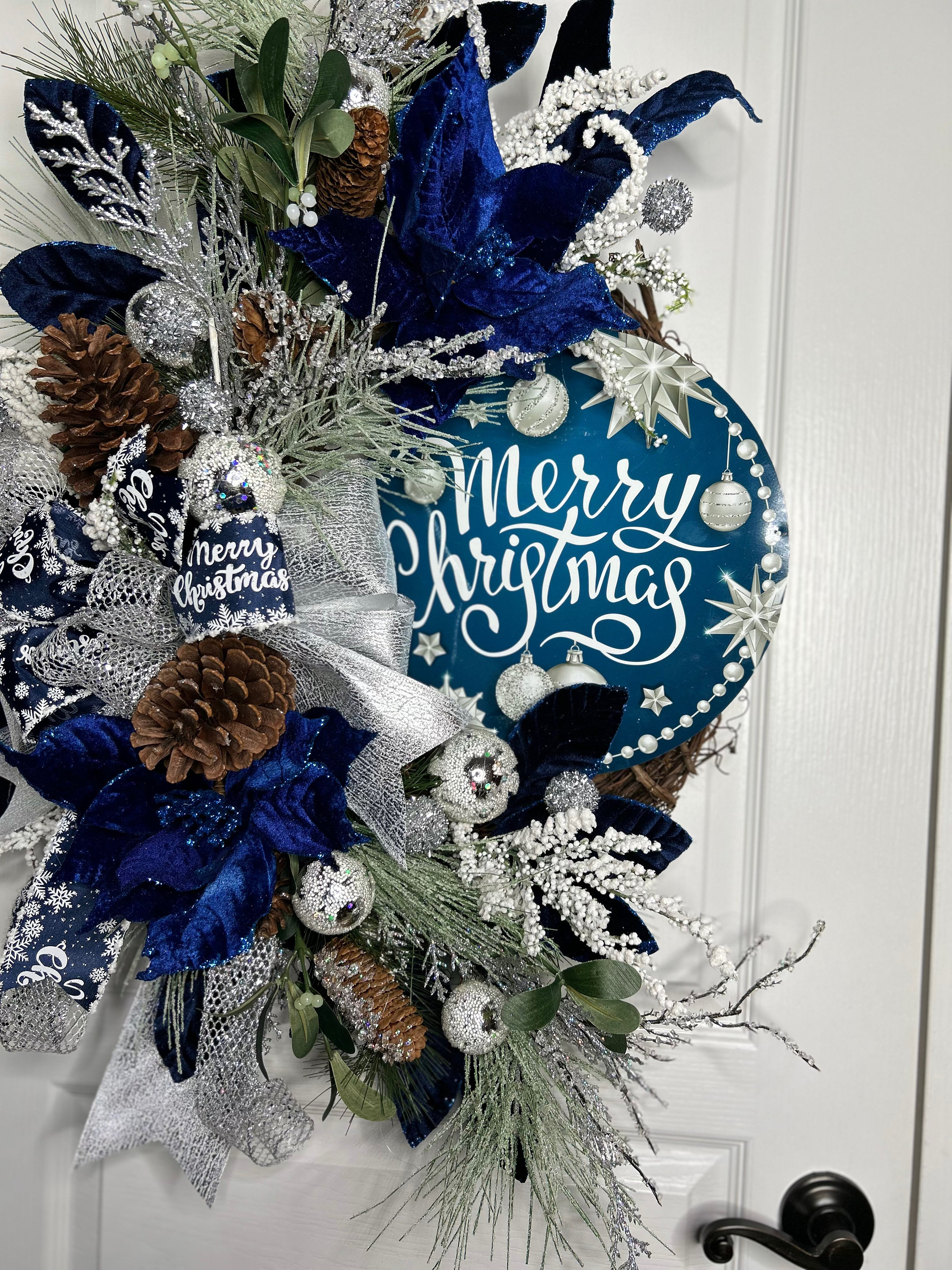 Elegant Merry Christmas Midnight Blue Poinsettias and Silver Wreath for ...