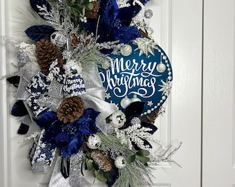 Midnight Blue Poinsettia Christmas Wreath, Silver Accents, Front Door Decor
