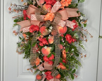Peach Teardrop Swag, Summer Front Door Wreath, Floral Burlap Bow