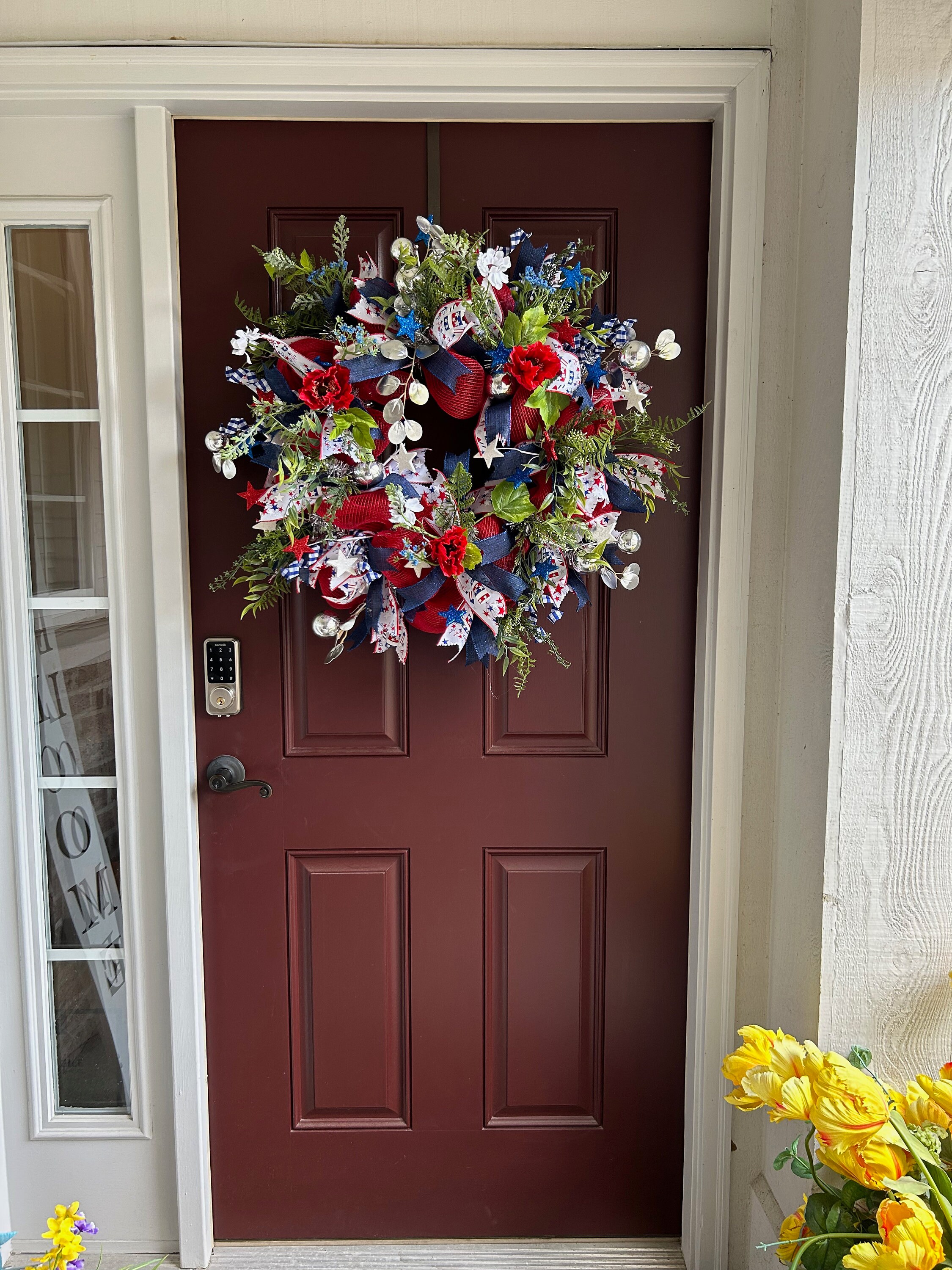 Patriotic Deco Mesh Fourth of July Wreath for Front Door, Red White and ...