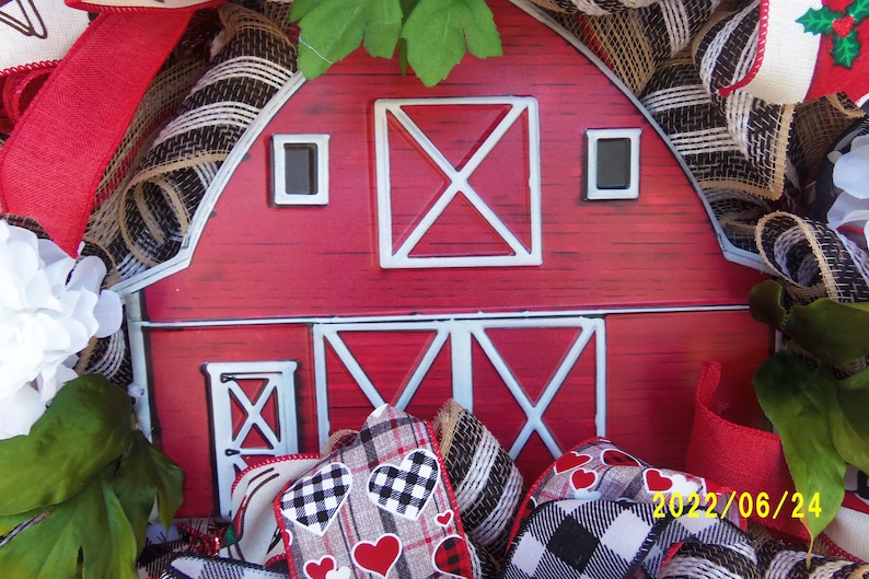 Barn Ribbon Red Barn Wheelbarrow Wreath, Buffalo Check Ribbon, Farmhouse Christmas ...