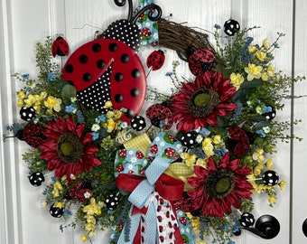 Ladybug Sunflower Grapevine Wreath, Red Black Polka Dot Front Door Hanger