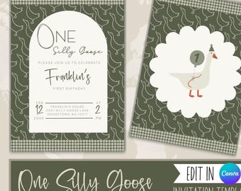 Silly Goose First Birthday Invitation | Editable Canva Template (Digital Download)