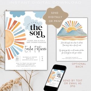 Aquí viene el hijo Baby Shower Invitaciones / Descarga digital instantánea / Juegos / Invitación editable / Rifa de pañales / Signo / Póster / Sol / Niño
