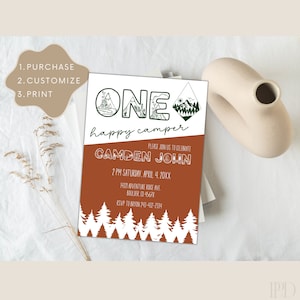 One Happy Camper Editable Template | 1st Birthday Party Invitation | First Birthday Adventure Invite | Camping | Camper Theme Party Invite |