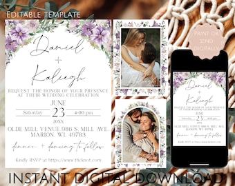 Lavender Floral Wedding Invitation Set, Photo Invite, RSVP, Save the Date (Digital Download)