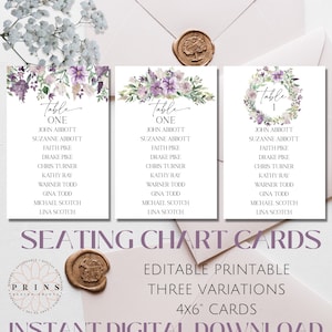 Lavender Lilac Wedding Seating Chart Cards, floral template, wedding guest list, editable cards, instant, printable, purple flower cards