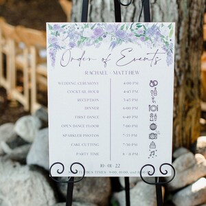 Modèle de signe de tableau des sièges de mariage Téléchargement numérique instantané | Ordre des événements | Modèle de tableau de chronologie, panneau imprimable modifiable, 16 x 20 po.