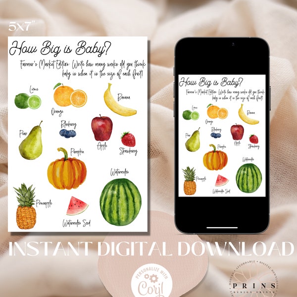 Baby Shower Game Activity | Instant Digital Download | Farmer's Market | Fruits Game | Editable How Big Is Baby? Game | Fruit Comparison