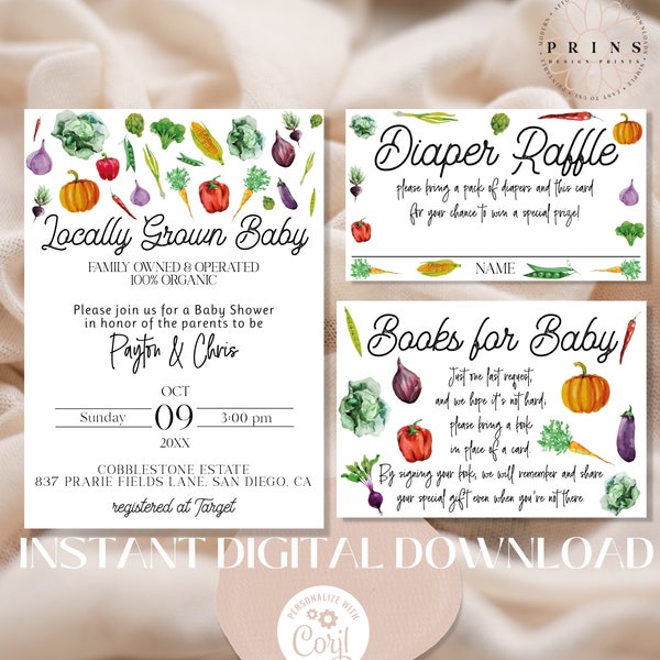 Baby Shower Invitations | Instant Digital Download | Farmer's Market | Fruits and Vegetables | Veggies | Editable Invite | Diaper Raffle etc