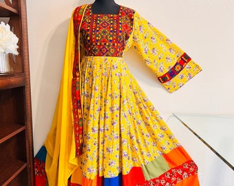 Afghan Multicolor Long Dress with Embroidery Around neck and sleeves / Multicolor skirt Dress for women